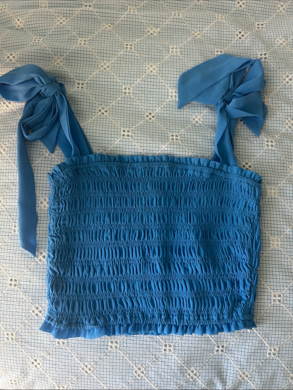Altar'd State Blue Smocked Tie-Shoulder Crop Top